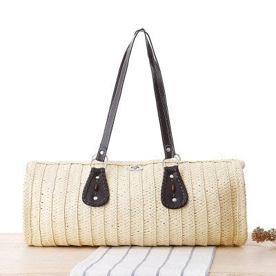 Beige Cylindrical Long Basket  Mexican Straw Bag High Capacity Green Bag