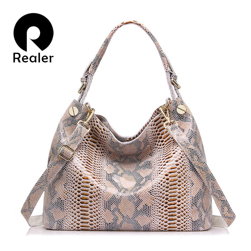 Beige REALER Dropshipping women Shoulder Crossbody Bags ladies leather Hobos bags Genuine Leather bags