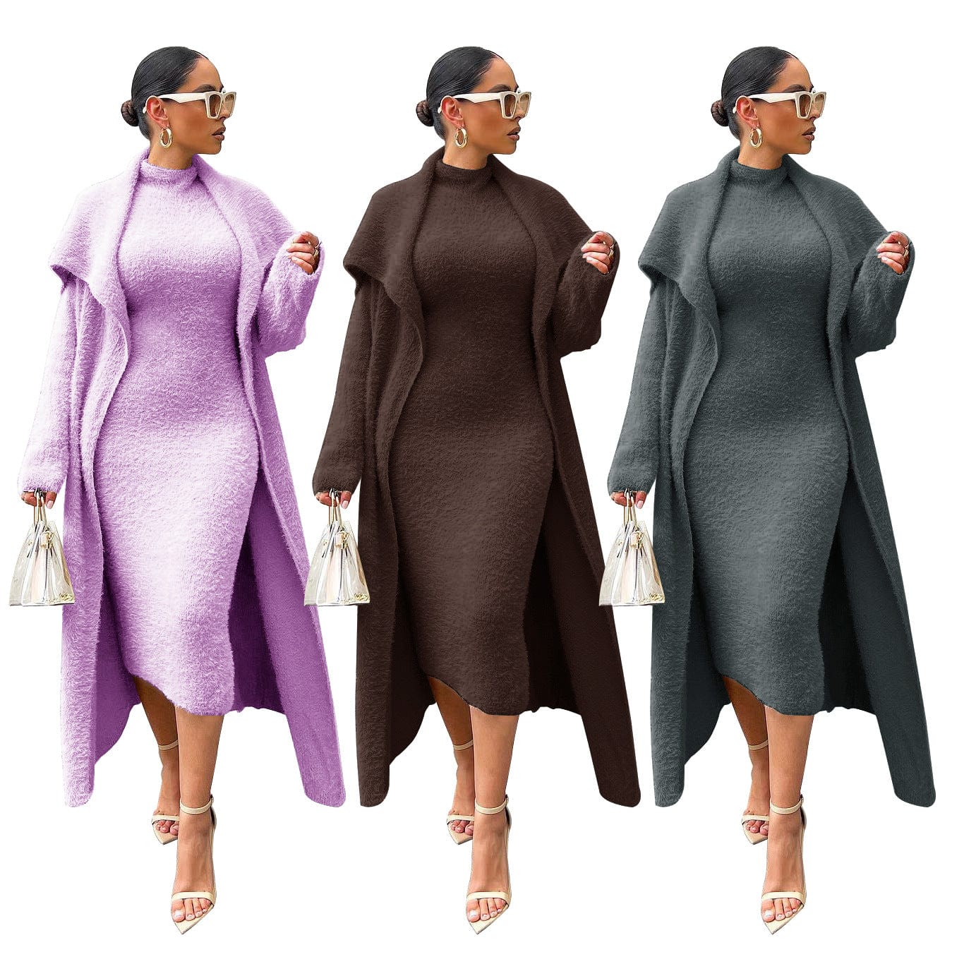 Belt Coral Fleece Women Long Cardigan Dress 2 Piece Set 2023 Autumn Winter Full Sleeve Lapel Coat Sets Female Elegant Outfits