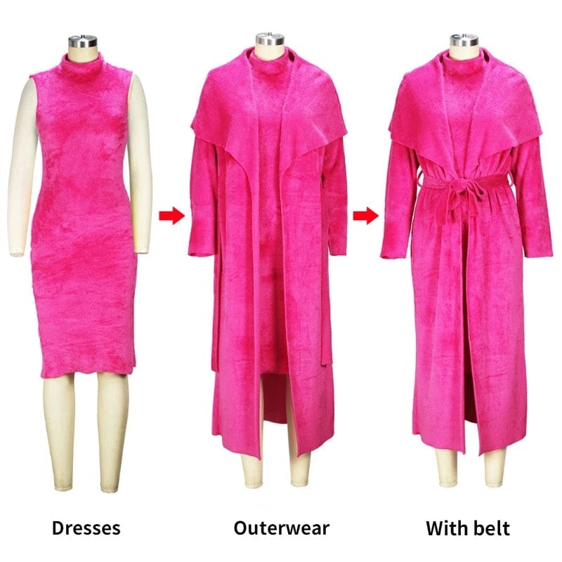 Belt Coral Fleece Women Long Cardigan Dress 2 Piece Set 2023 Autumn Winter Full Sleeve Lapel Coat Sets Female Elegant Outfits