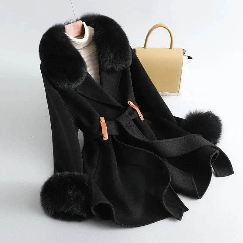 Belted Double Sided Wool Coat Ladies Cashmere Wool Coat With Detachable Fox Fur Collar