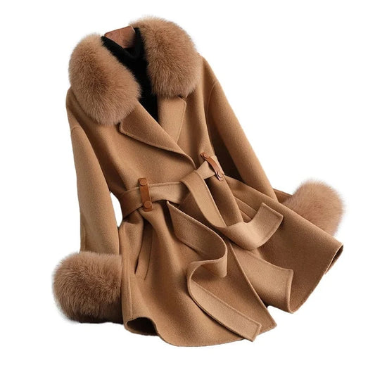 Belted Double Sided Wool Coat Ladies Cashmere Wool Coat With Detachable Fox Fur Collar
