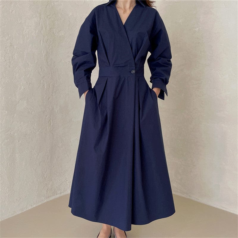 Best Sell Fashion Solid Color Dresses Women Lady Elegant High Waist Loose Long-sleeved Shirt Dress