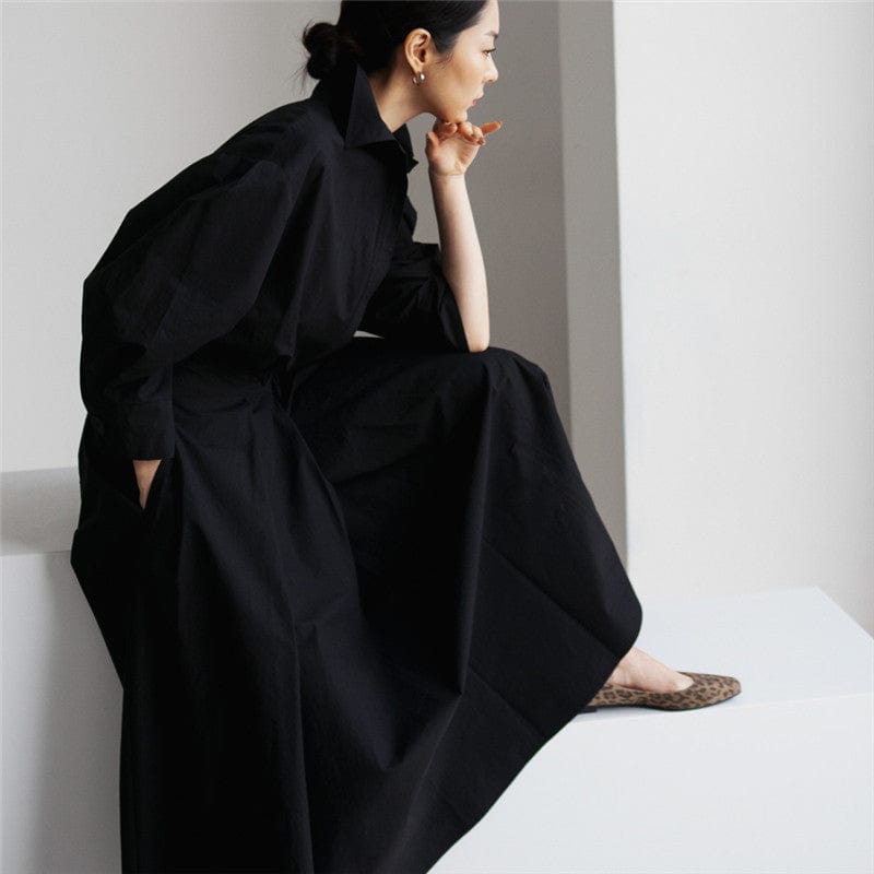 Best Sell Fashion Solid Color Dresses Women Lady Elegant High Waist Loose Long-sleeved Shirt Dress
