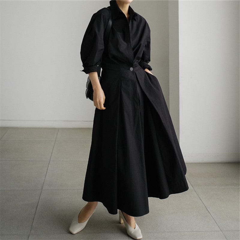 Best Sell Fashion Solid Color Dresses Women Lady Elegant High Waist Loose Long-sleeved Shirt Dress