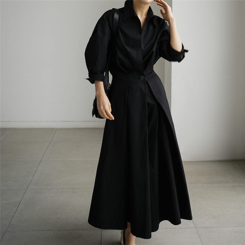 Best Sell Fashion Solid Color Dresses Women Lady Elegant High Waist Loose Long-sleeved Shirt Dress