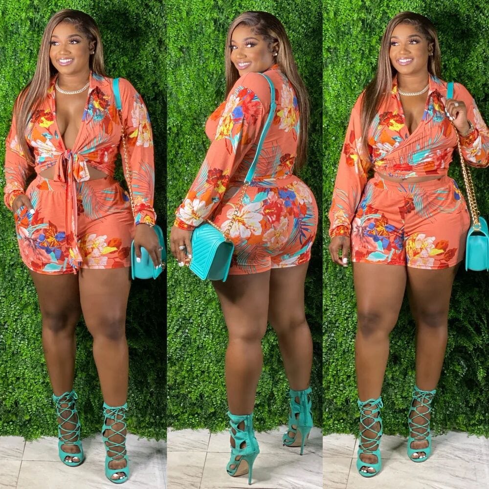 Best Seller Spring Summer 5XL Plus Size Bandage Clothing Suit Floral Print Casual 2 Two Piece Shorts Set Women