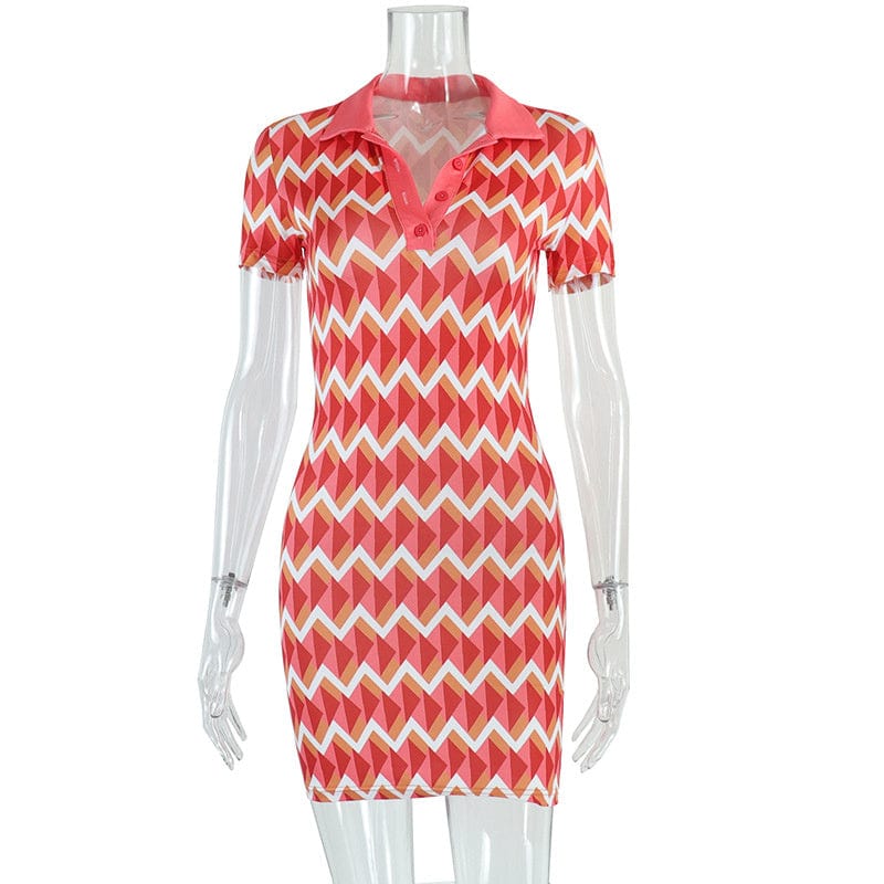 Best Selling Stripe Turn-down collar Short Sleeve Bodycon Dress Designer Print Dresses Mini Slim Dress