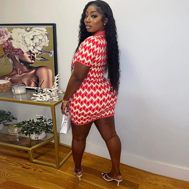 Best Selling Stripe Turn-down collar Short Sleeve Bodycon Dress Designer Print Dresses Mini Slim Dress