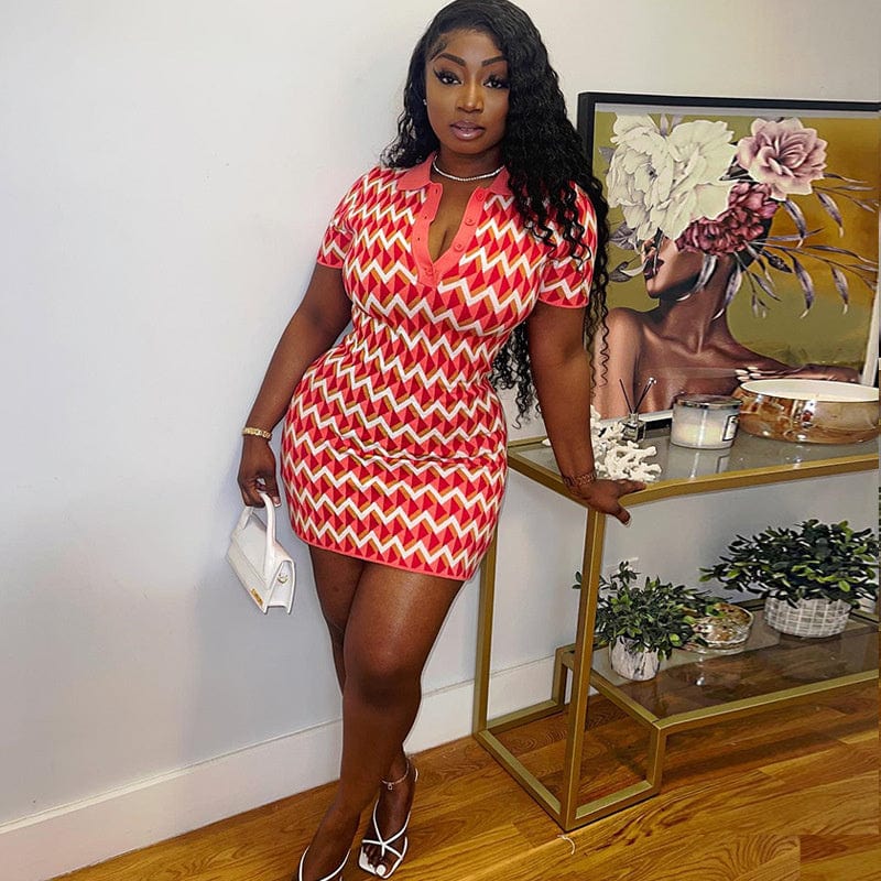 Best Selling Stripe Turn-down collar Short Sleeve Bodycon Dress Designer Print Dresses Mini Slim Dress