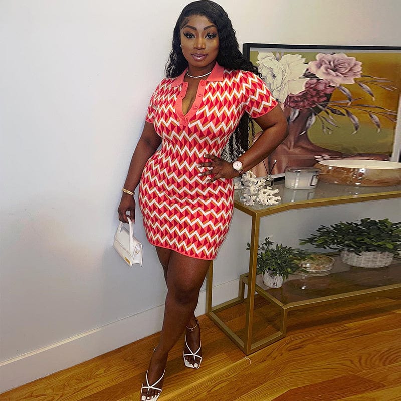 Best Selling Stripe Turn-down collar Short Sleeve Bodycon Dress Designer Print Dresses Mini Slim Dress