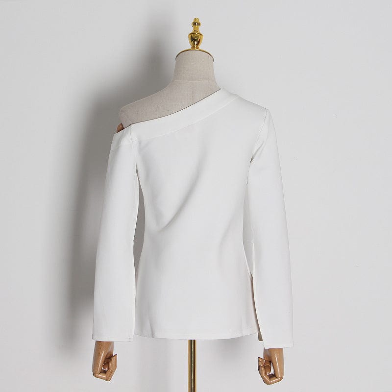 Bettergirl In-stock Wild Pure Color Hedging Split Oblique Shoulder Long Sleeve T-shirt Women's Knitted top