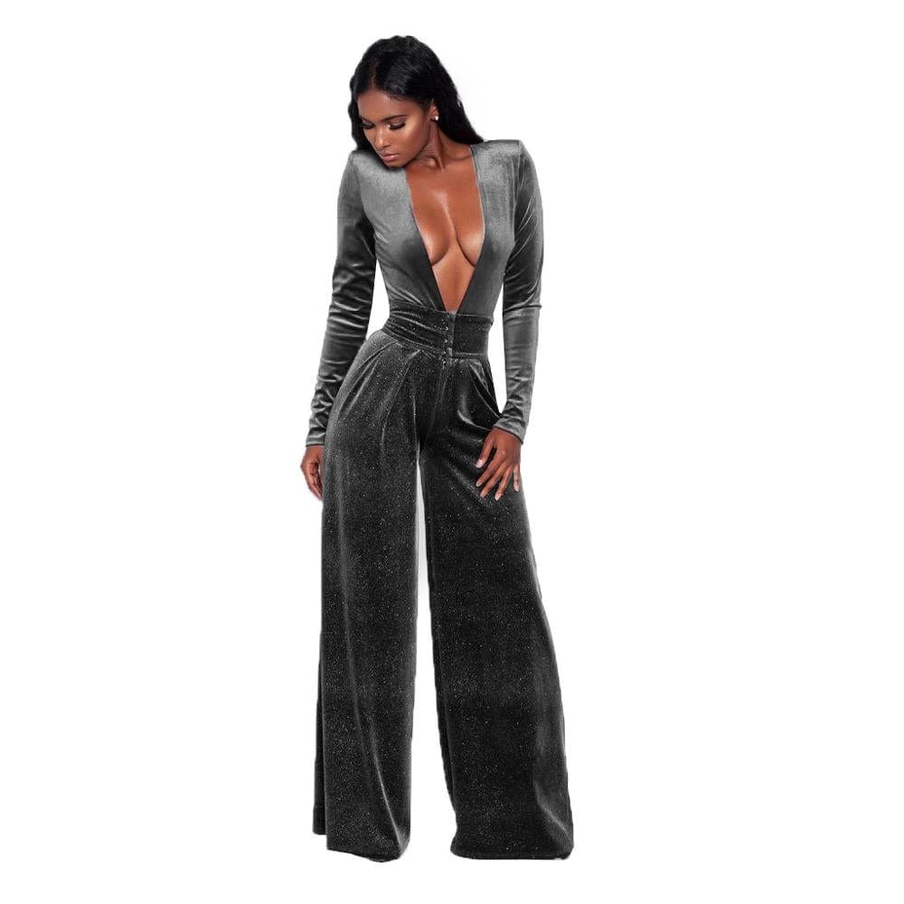 Big plus size women Black jumpsuits womens fashion deep v neck sexy clubwear elegant ladies velvet jumpsuits romper YY10038