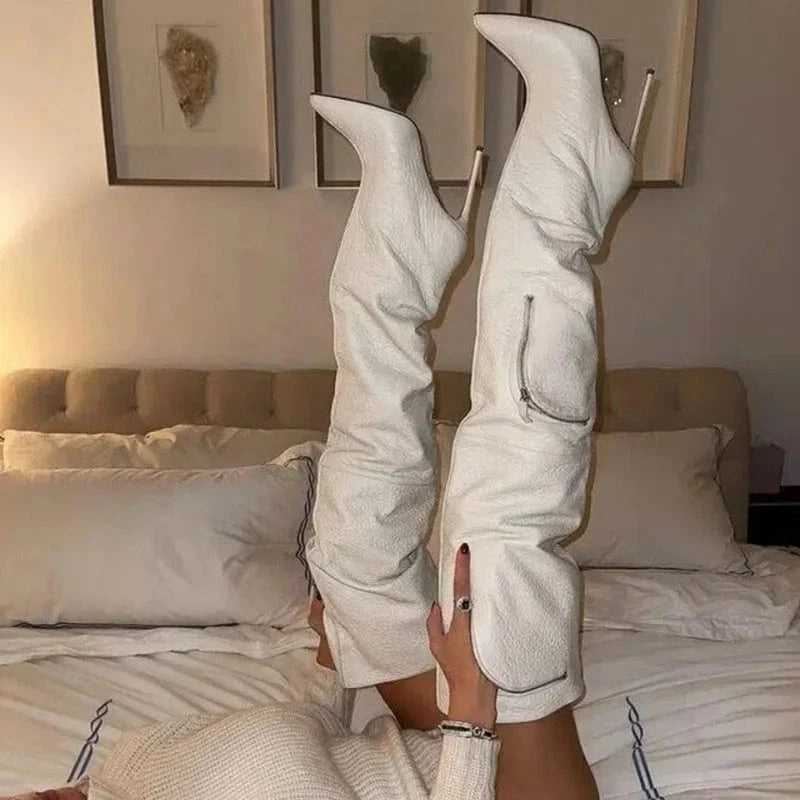 Big Size 45 Wide Fit Women's Over Knee High Thin Heels Zipper Pockets Boots Pointed Toe Shoes Stiletto Long Booties