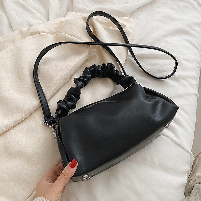 black 2022 Soft PU Leather Sling Bags for Women Crossbody Purse Pleated Handle Ladies Hand Bags Handbags