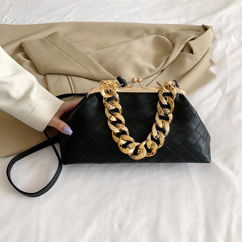 black 2022 Trending Woven Purse Ruched Dumpling Pouch Hobo Bag Chain Link Shoulder Handbag Women Chain Cloud Clutch Bag
