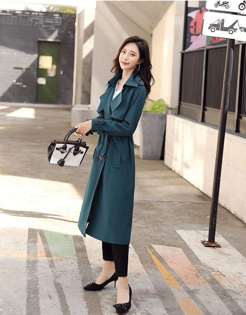 Black And Green Over-the-knee Overcoat Korean Style Turn-down Collar With Belt Thin Spring Long Trench Coat Women