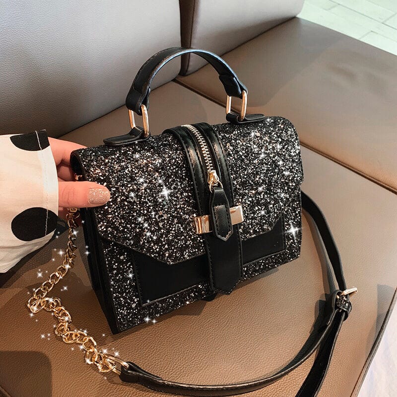 black Bling Bling Sequins Shoulder Bag PU Leather Black White Crossbody Chain Glitter Small Square Bags Women Handbag