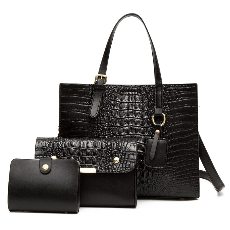 black Crocodile Pattern Shoulder Handbag Soft Leather Tote Bag Luxury Handbag Sets 3 Pieces Lady Hand Bags