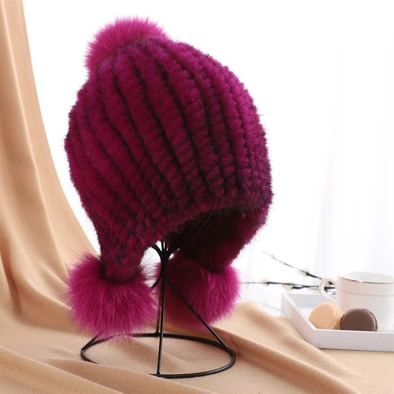 Black/dark purple Winter fashion earflap pom ball women knitted mink fur hats