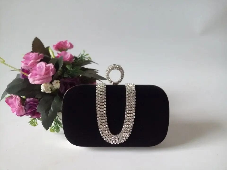black Fashion U-shaped Diamond Set Lady's Top Grade Ring Buckle Exquisite Suede Matching Gown Portable Evening Bag