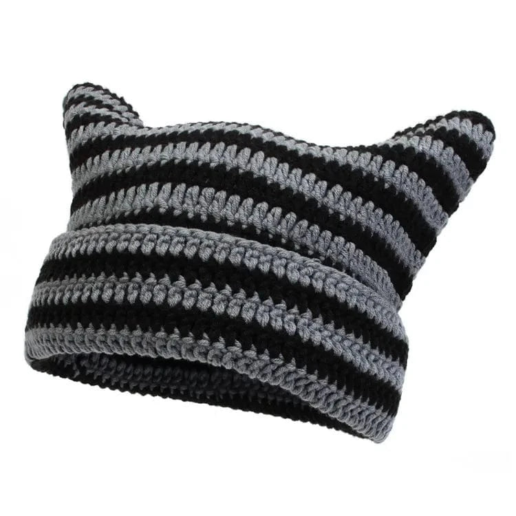 Black gray Little Demon Stripe Bonnet Cute Cartoon Cat Ear Knitted Hat Fashion Knit Piglet Cap Autumn Winter Warm Soft Beanies