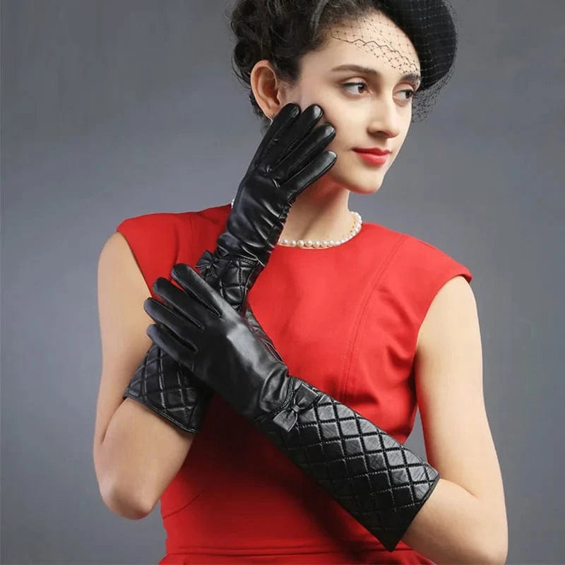 Black Hot sale arm length sheepskin leather winter women opera dress long sleeve gloves