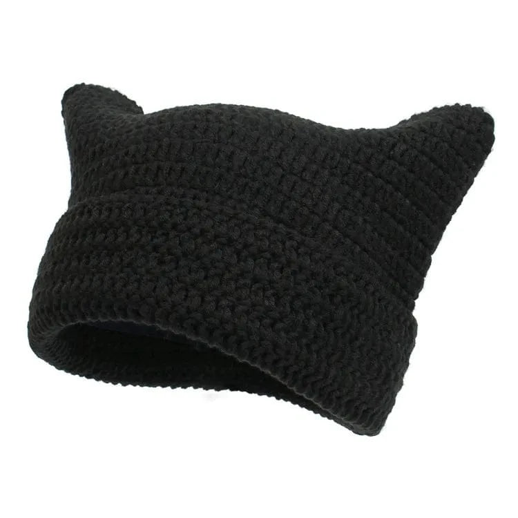 Black Little Demon Stripe Bonnet Cute Cartoon Cat Ear Knitted Hat Fashion Knit Piglet Cap Autumn Winter Warm Soft Beanies