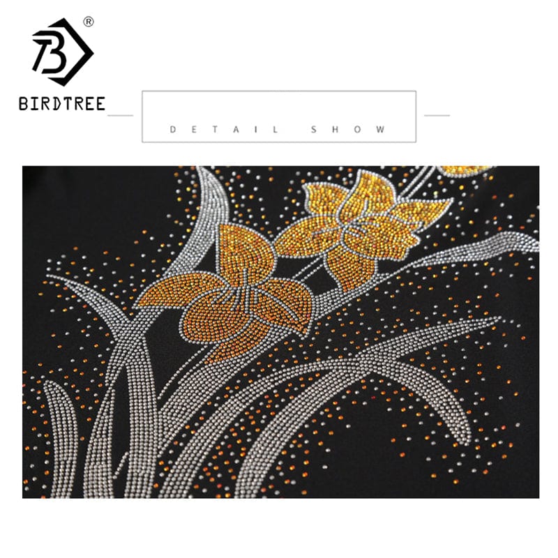 Black Mesh T-Shirt Women V-neck Handmade Diamonds Beading Flowers Off-shoulder Ruffles Tops Tees Short Sleeve Summer T25903