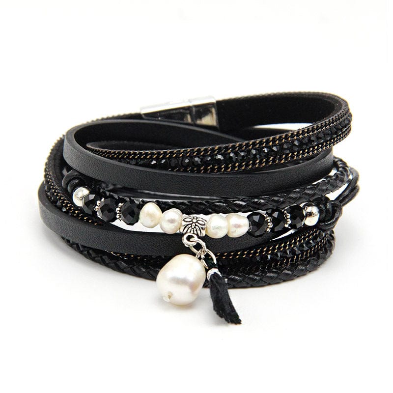 black New Multilayer Pearl Crystal Beads Bracelet Tassel Charm Bracelets Bangles Jewelry for Women
