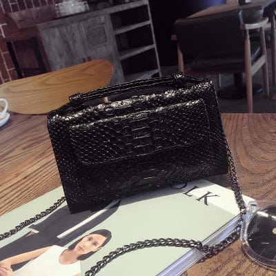 black Pu Leather Women Shoulder Bags Snake Animal Chain Clutch Luxury Small Designer  Python Pattern Handbags