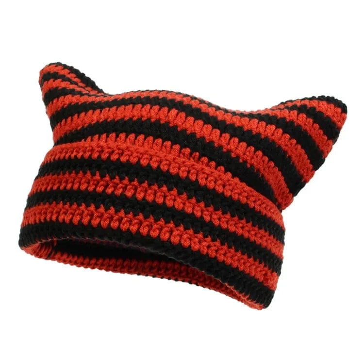 Black red Little Demon Stripe Bonnet Cute Cartoon Cat Ear Knitted Hat Fashion Knit Piglet Cap Autumn Winter Warm Soft Beanies