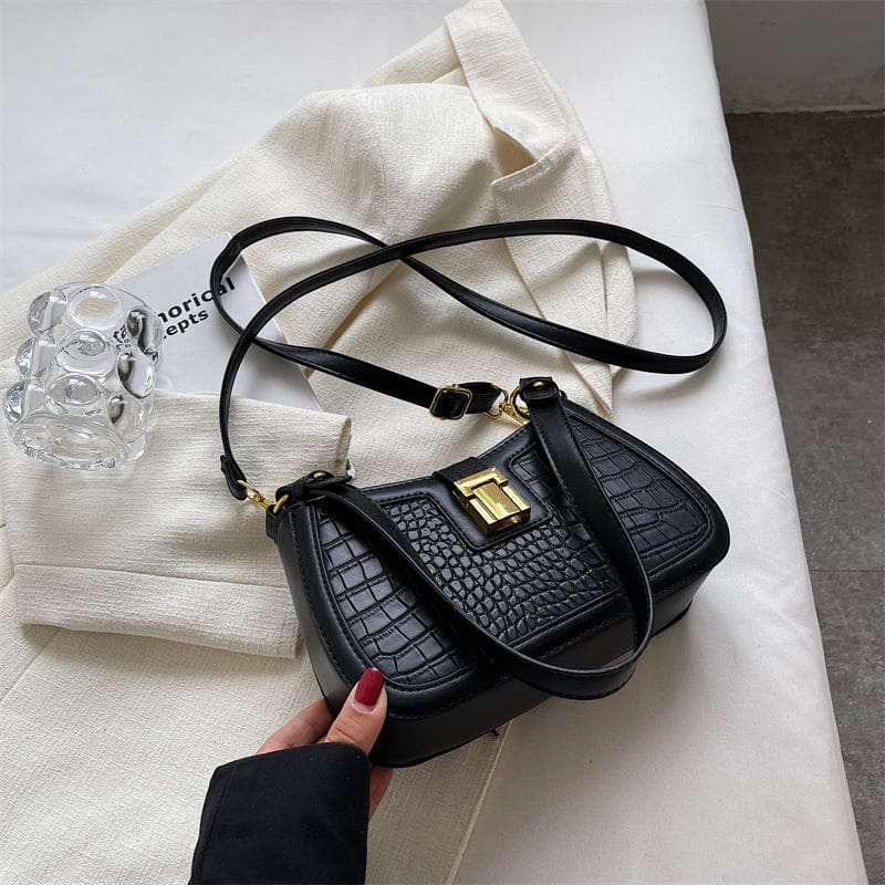black Shoulder Bags for Women 2023 Trendy Designer Fashion Simple Stone Pattern Leather Purses and Handbags Female