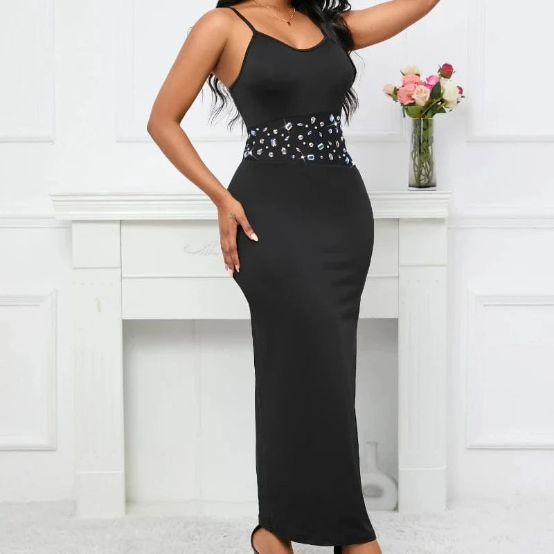 Black Sleeveless Rivet Sashes Split Sexy Strap Lady Club Dress