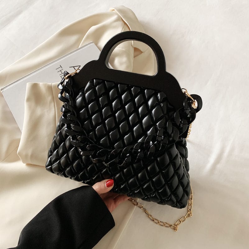 black Thick Chains Design Quilted Crossbody Bag PU Leather Padded Shoulder Wooden Handle Luxury Handbags for Women 2022