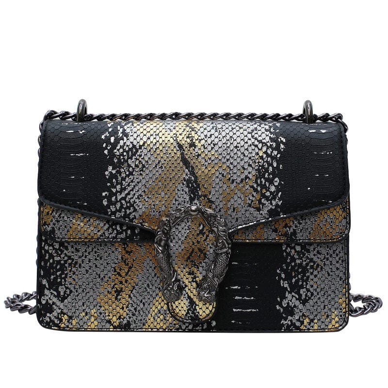 black Trendy Fashion Luxury Brand Designer Chain Crossbody Small Flap Bag Ladies Snake Skin Handbags for Women Leather