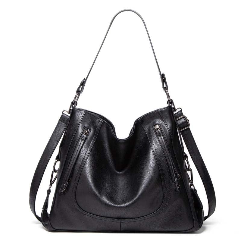 black Vintage Three Way Handbags for Women Medium Designer Ladies Hobo bag Bucket Purse Faux Leather Lakin Handbag