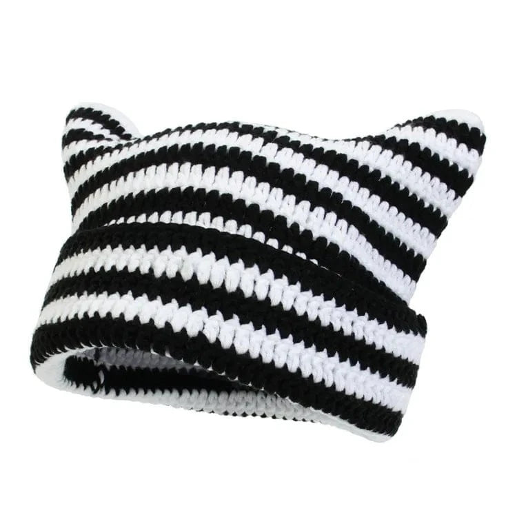 Black white Little Demon Stripe Bonnet Cute Cartoon Cat Ear Knitted Hat Fashion Knit Piglet Cap Autumn Winter Warm Soft Beanies