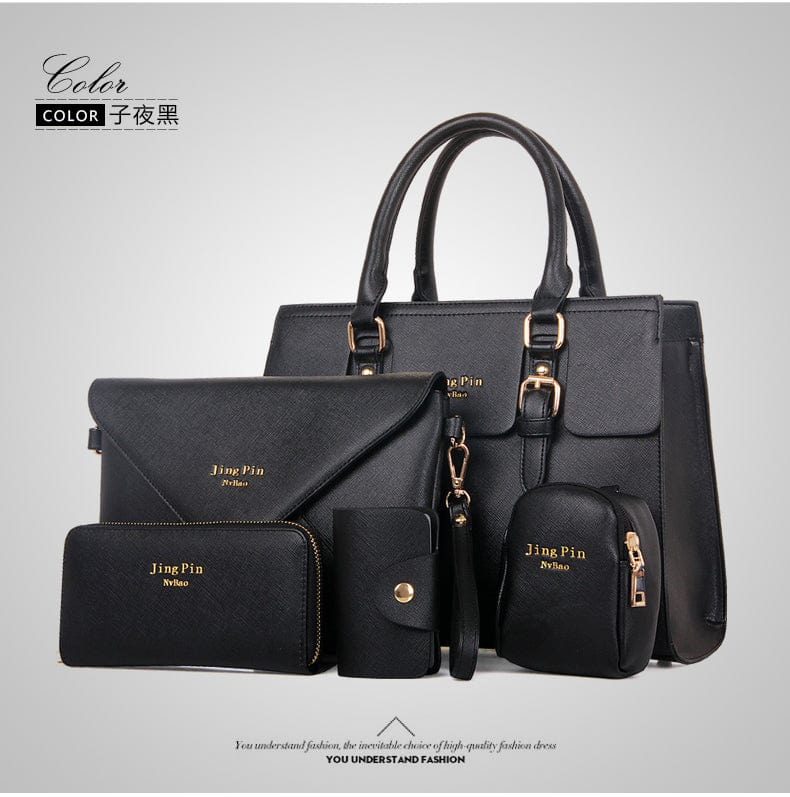 black wholesale cheap 5 in 1 set pu leather Key case tote bag hand bags set handbag with custom logo