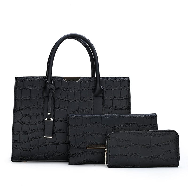 black Wholesale famous designer women shoulder bag ladies 3 piece leather tote handbag sets