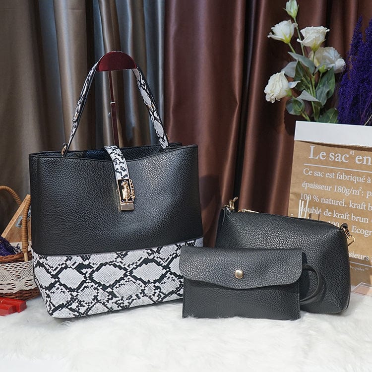 black Women's Fashion Handbags Vintage Large Capacity Snakeskin Designer 3 in 1 Purses and Handbags