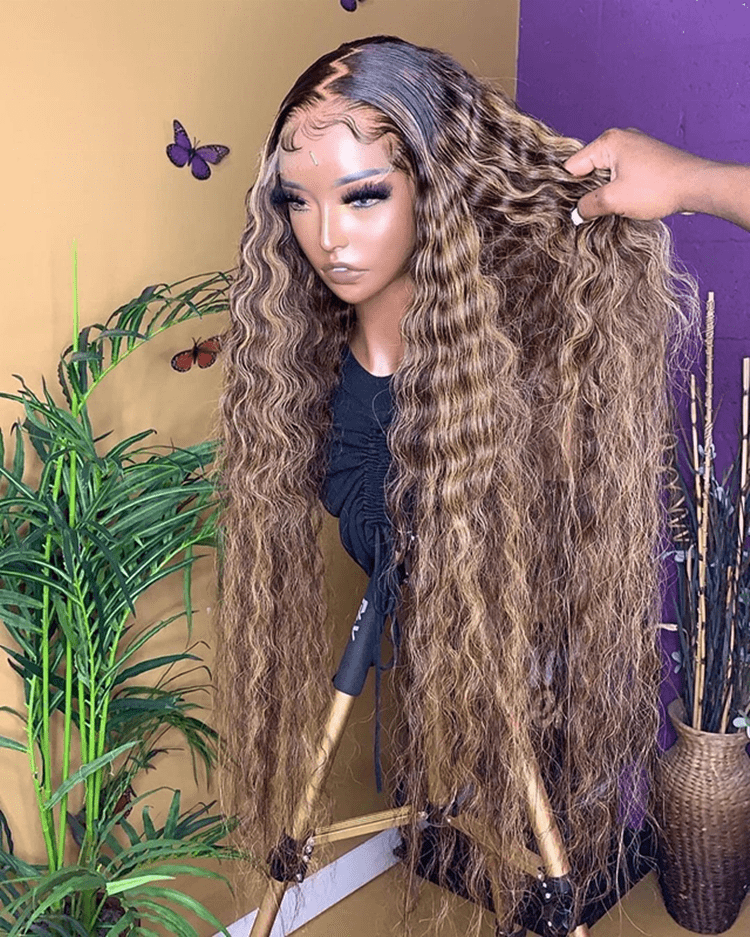 Bleached Knots Wet Curly Brown Highlight Color Full Cuticle Aligned Human Hair HD Lace Front Wigs With Baby Hair