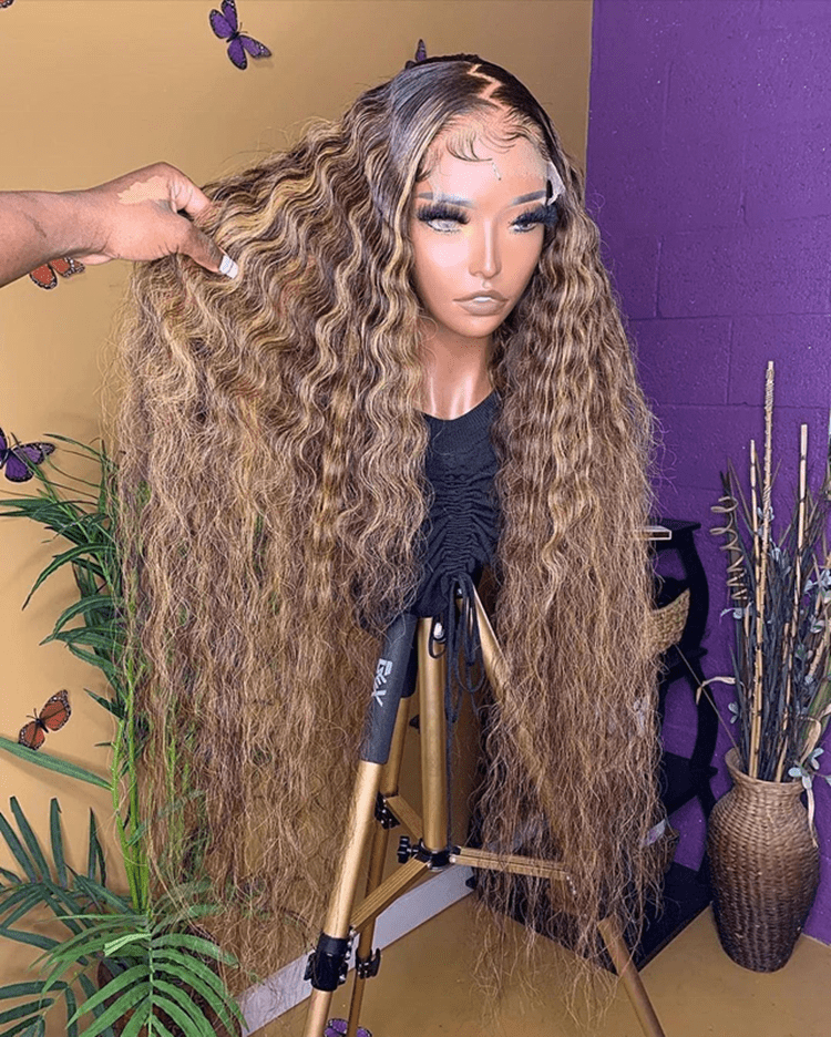 Bleached Knots Wet Curly Brown Highlight Color Full Cuticle Aligned Human Hair HD Lace Front Wigs With Baby Hair