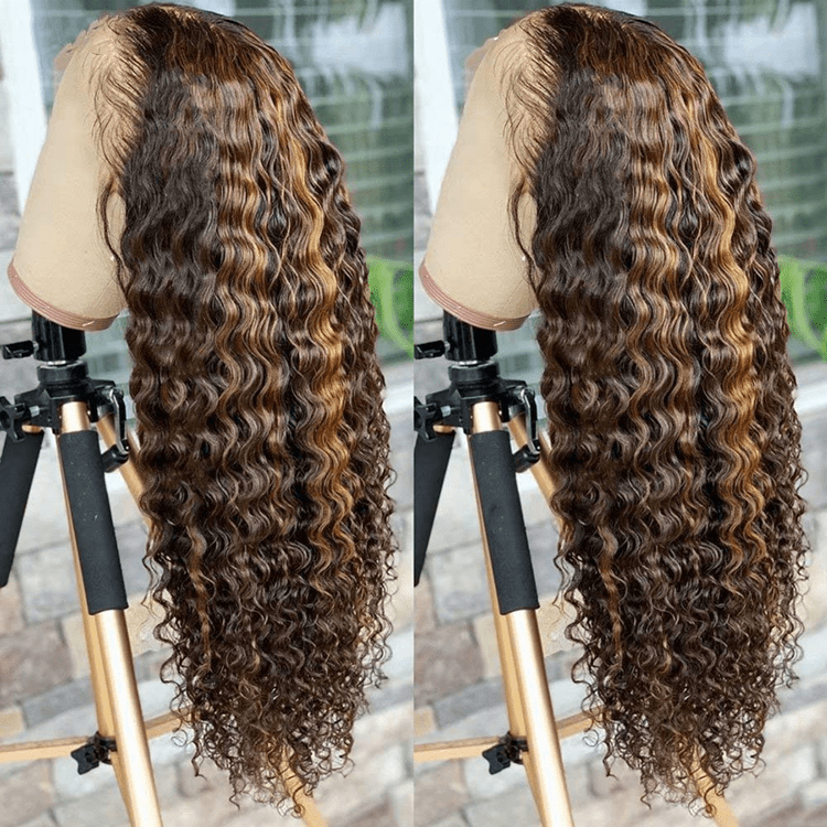 Bleached Knots Wet Curly Brown Highlight Color Full Cuticle Aligned Human Hair HD Lace Front Wigs With Baby Hair