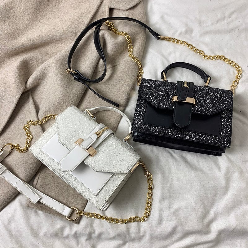 Bling Bling Sequins Shoulder Bag PU Leather Black White Crossbody Chain Glitter Small Square Bags Women Handbag
