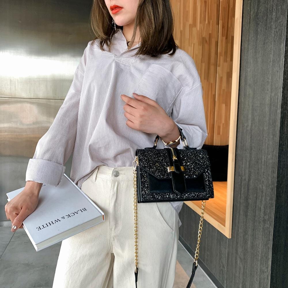 Bling Bling Sequins Shoulder Bag PU Leather Black White Crossbody Chain Glitter Small Square Bags Women Handbag