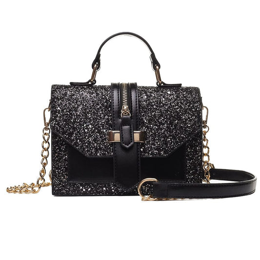 Bling Bling Sequins Shoulder Bag PU Leather Black White Crossbody Chain Glitter Small Square Bags Women Handbag
