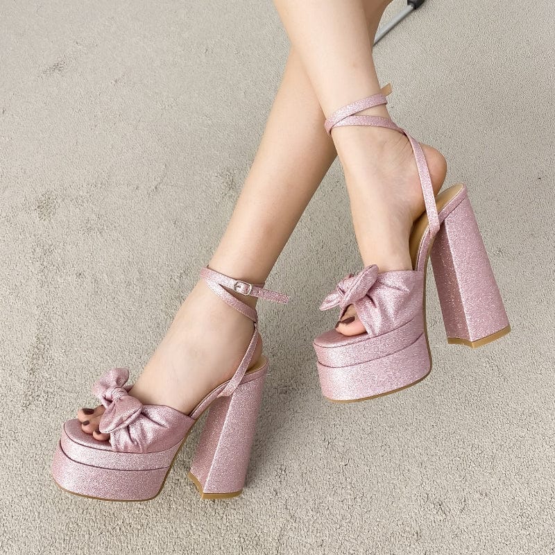 Bling Sequin Material Sandalias Con Tacon Bow Chunky Lace up 2023 Women Shoes Strappy Heels