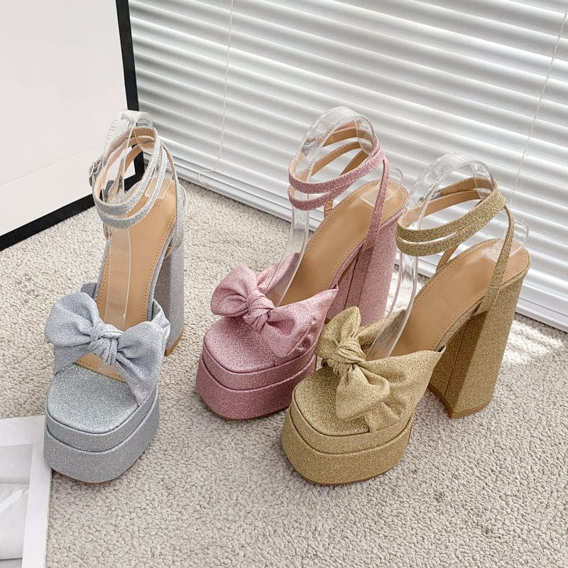 Bling Sequin Material Sandalias Con Tacon Bow Chunky Lace up 2023 Women Shoes Strappy Heels