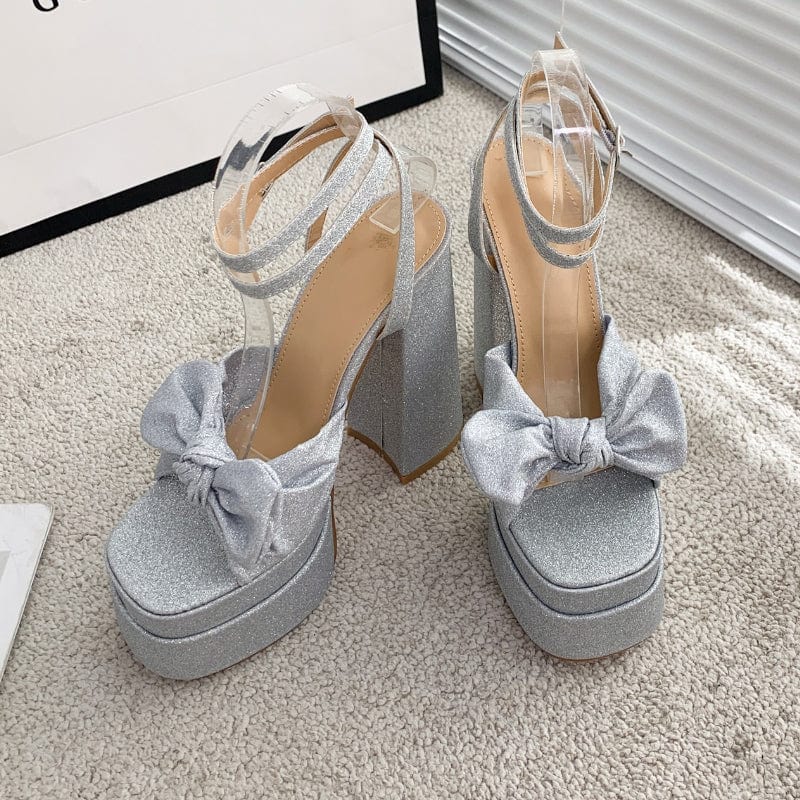 Bling Sequin Material Sandalias Con Tacon Bow Chunky Lace up 2023 Women Shoes Strappy Heels